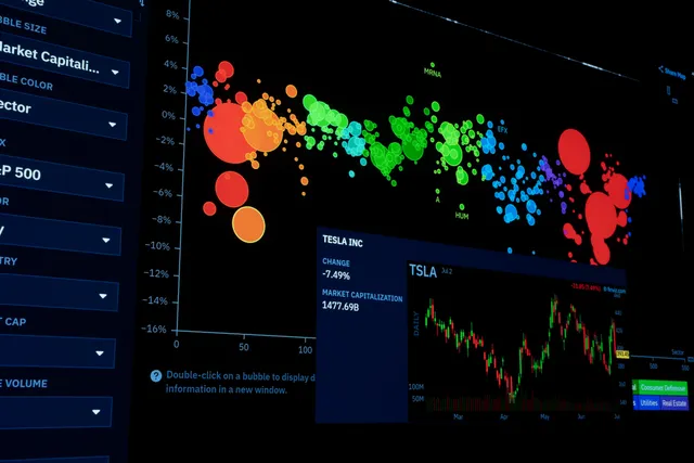 Dark screen showing colourful scatter-style data visualisation