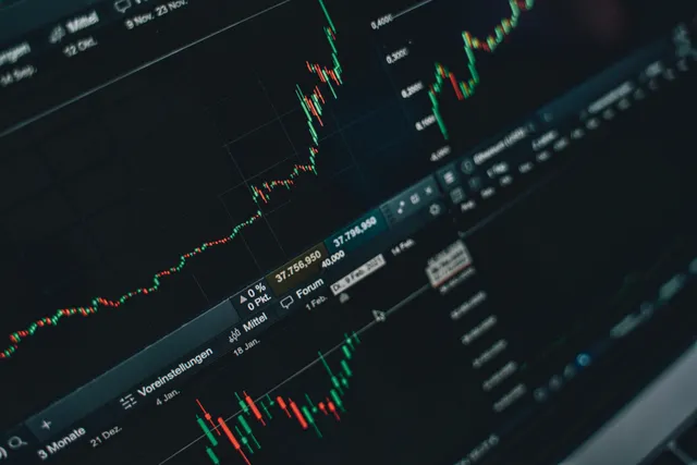 Financial-style charts with candlesticks and trend lines on a monitor